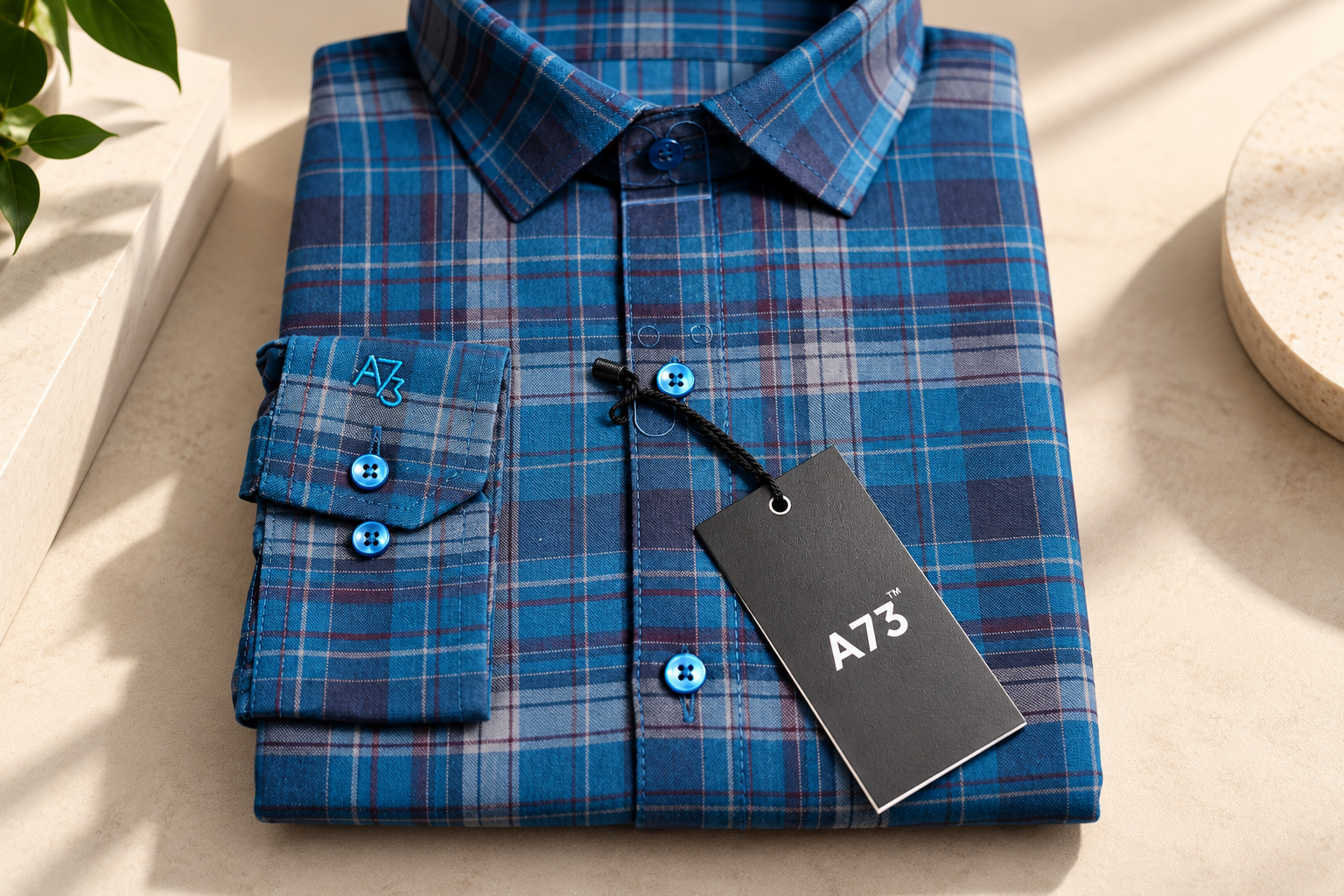 Folded blue checked A73 shirt with hangtag
